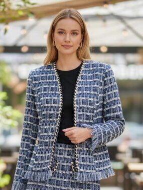 AQUA Tweed Fringe Jacket – NWT  Blue – Size S